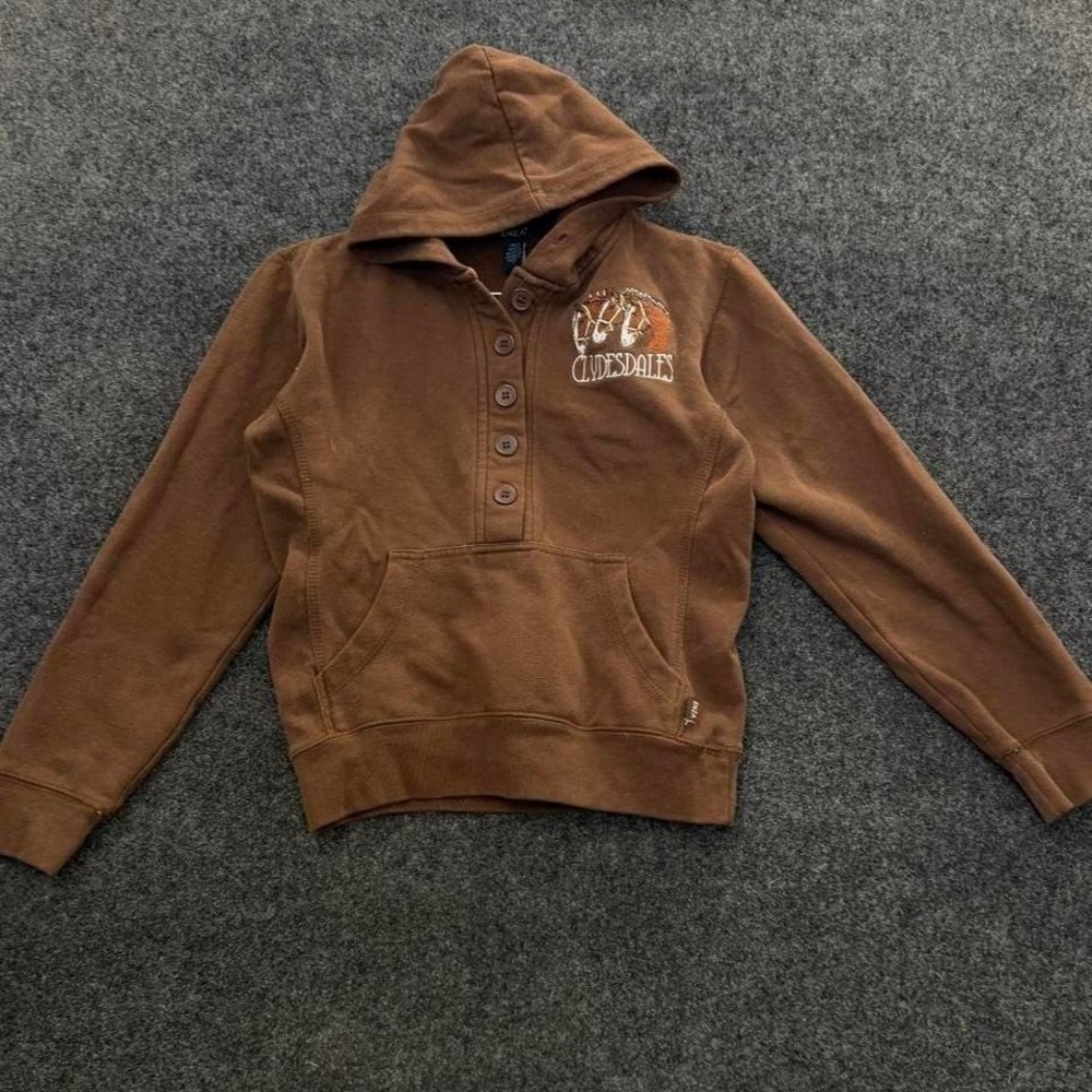 Clydesdales Hoodie Women's XS Brown Horse Graphic Button Neck Sweatshirt